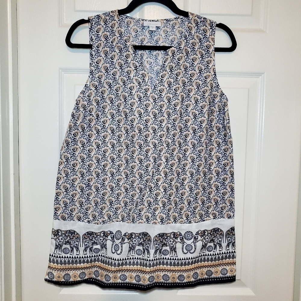 J. Jill Sleeveless Two-Pocket Linen Shirt with elephant design Size:X-Small